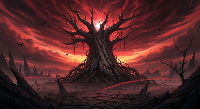 Dramatic apocalyptic landscape with gnarled tree and fiery sky backdrop - Powered by Adobe