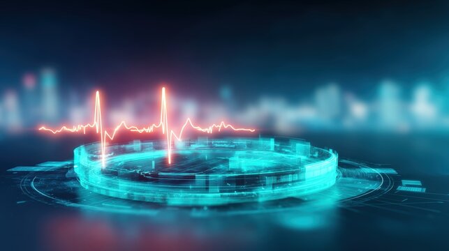 Heartbeat visualization technology digital health infographic urban scene aerial view innovative concept for health monitoring