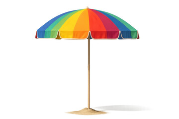 Colorful beach parasol providing summer shade on a tropical vacation, resting on sand, transparent background