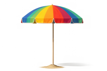 Colorful beach parasol providing summer shade on a tropical vacation, resting on sand, transparent background