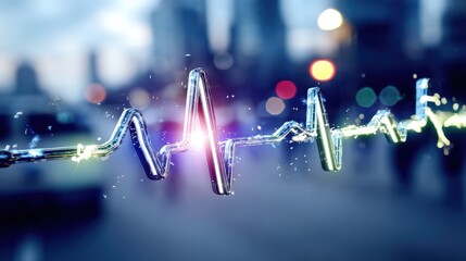 Dynamic pulse signal visualization urban cityscape digital art modern environment close-up view health and technology concept