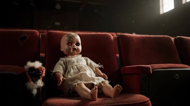 Creepy doll in old theater seats macabre atmosphere concept