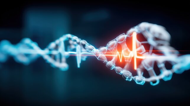 Revolutionary advances in genetic research showcase dna and heartbeat insights laboratory setting scientific visualization futuristic perspective
