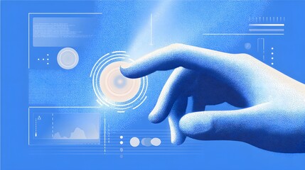 A close up illustration showcases a hand interacting with a digital interface, featuring glowing circular elements and data visualizations set against a textured blue background, highlighting...