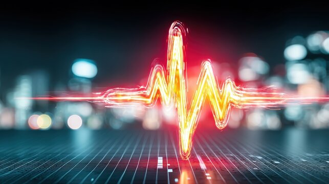 Dynamic heartbeat visualization urban environment digital art futuristic concept vibrant colors abstract design for health awareness