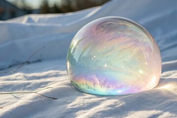 Iridescent soap bubble reflecting sky and clouds on a white surface isolated on white background