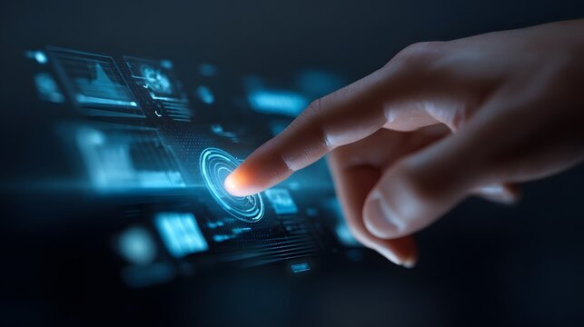 A human finger presses a digital screen interface, activating a biometric authentication, illuminated with bright blue highlights and a bokeh effect, showcasing a modern technology concept, and...