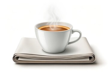 Steaming cup of coffee on stacked newspapers isolated on white background