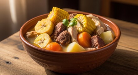 Latin American soup with beef, corn, plantain, potato, carrot, and broth in rustic clay bowl.