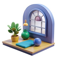 Cozy interior scene with plant vase and window isolated on white background