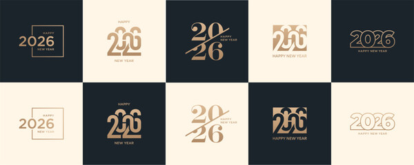 Se of 2026 Happy New Year logo text design. 2026 number design template. Collection of 2026 Happy New Year symbols. Vector illustration with isolated gold elements on a black and white background.