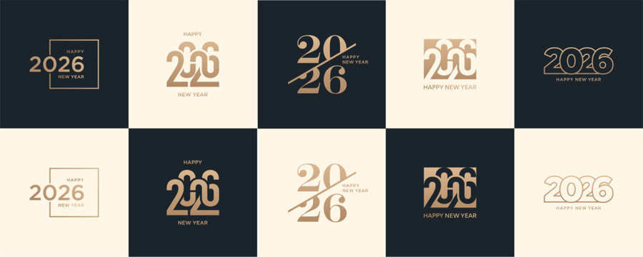 Se of 2026 Happy New Year logo text design. 2026 number design template. Collection of 2026 Happy New Year symbols. Vector illustration with isolated gold elements on a black and white background.