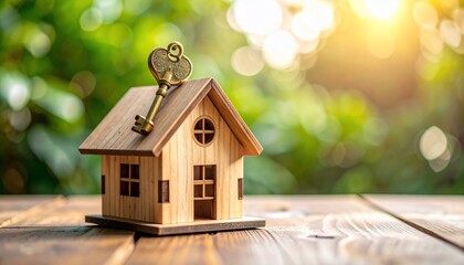 Miniature wooden house with key symbolizing homeownership and real estate investment success