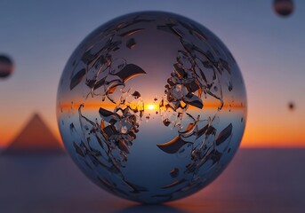 Refractive sphere reflecting a desert landscape with a radiant sunset and a pyramid in the distance