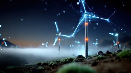 Renewable energy revolution wind turbines in a foggy landscape nature photography evening glow futuristic technology