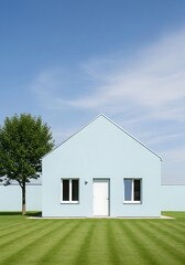 Fototapeta premium Serene Blue Minimalist House With Green Lawn Under Clear Sky, Peaceful View