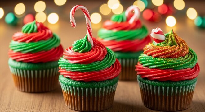 Colorful Christmas cupcakes glowing with sugary joy