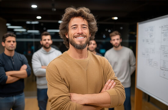 Smiling startup leader crossing arms while standing with team in modern technology brainstorming event