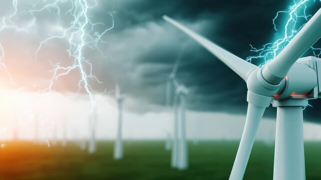 Stormy weather impacts wind turbines renewable energy farm digital art outdoor dynamic perspective energy transition