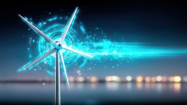 Renewable energy revolution wind turbines capturing digital innovation at night industrial landscape futuristic view - Powered by Adobe