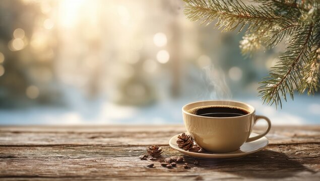 Warm cup of coffee with steam on wooden table, pine cones and evergreen branch, cozy winter morning atmosphere - Powered by Adobe