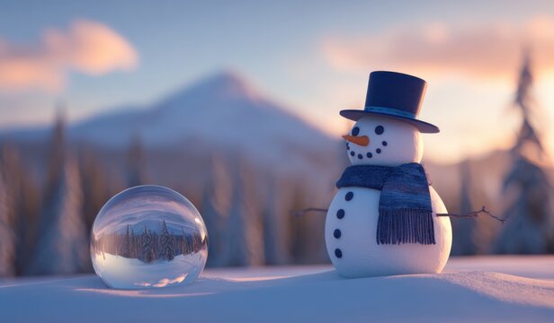 Adorable snowman with blue hat next to crystal snow globe on snowy sunset landscape. Magical winter scene with dreamy purple and orange sky.