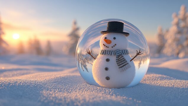 Magical snow globe with cute snowman wearing hat and scarf, winter wonderland scene inside glass ball