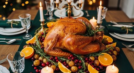 Golden roasted turkey centerpiece glowing in candlelight