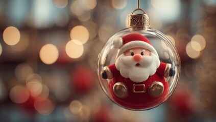 Santa Claus Christmas ornament snowglobe with glass ball decoration on festive holiday background with warm glowing bokeh lights.