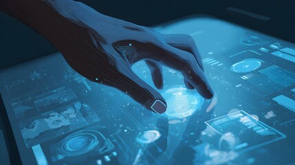 Hand interacting with glowing digital interface, rendered in cool blue hues. The illustration showcases detailed lines creating a sense of depth and texture on both the hand and the screen elements.
