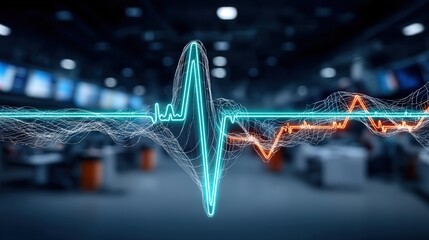 Real-time heartbeat data visualization in high-tech medical facility dynamic graphics futuristic environment close-up perspective
