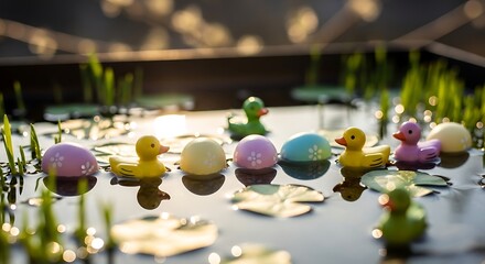 A Gathering of Toy Ducks and Easter Eggs on a Serene Pond Surface