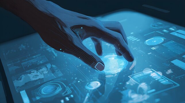 Hand interacting with glowing digital interface, rendered in cool blue hues. The illustration showcases detailed lines creating a sense of depth and texture on both the hand and the screen elements.