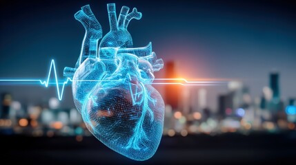 Innovative 3d visual of human heart with ekg pulse urban cityscape medical illustration nighttime high-tech concept
