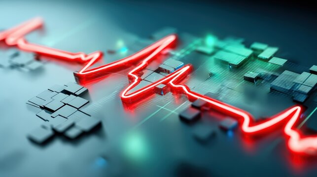 Analyzing digital health trends heartbeat visualization on circuit board tech lab infographic modern close-up view data interpretation