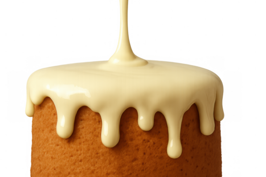 Cake being drizzled with white chocolate icing, glaze dripping down the side, a sweet dessert preparation on transparent background