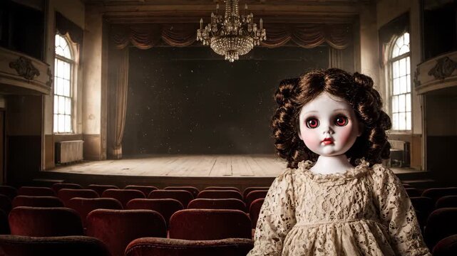 Creepy doll in vintage theater room with ornate chandelier and empty stage