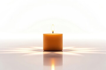 A single lit orange pillar candle casting light and shadows isolated on white background