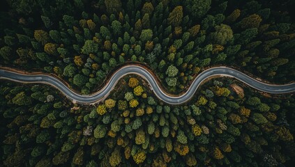 A beautifully composed aerial view of a winding road snaking its way through a dense evergreen forest canopy