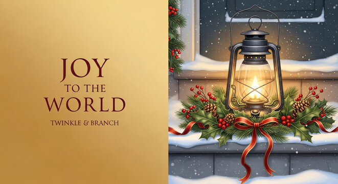 Holiday card design with text “Joy to the World” and a cozy illustration of a glowing lantern with pine and berries.