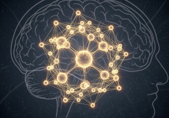 Abstract digital visualization of a complex glowing neural network and human brain.