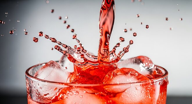 Crimson elixir moment: a refreshing splash of fruit-infused hydration and icy coolness within a glass filled with
