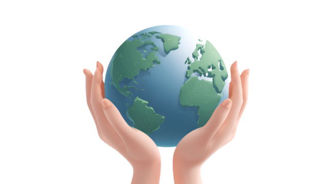 Two gentle human hands cradling and protecting a vibrant detailed earth globe against a stark black background symbolizing care and responsibility