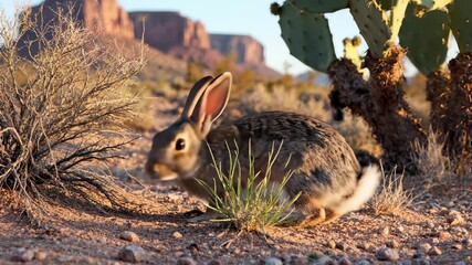 A cottontail rabbit serenely occupies desert landscape with majestic cactus, showcasing peaceful coexistence and harmonious adaptation amidst arid wilderness conditions, perfect for use as.