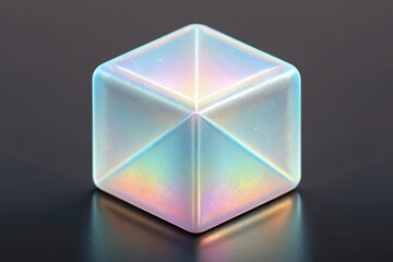 Iridescent geometric cube reflecting rainbow colors isolated on white background