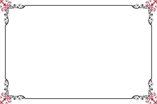 Elements of ornate vintage frames. Border black and red on white classic swirls, floral motifs. Design print for greeting cards, wedding invitations, restaurant menu, royal certificates. Set 1397