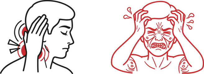 Person with neck and head pain, migraine and tension illustration, facial expression contrast, medical symptom vector, cad drawing flat art