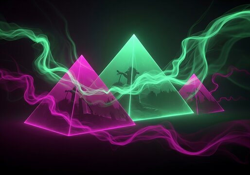 Enigmatic pyramids with ethereal waves in futuristic neon aesthetics