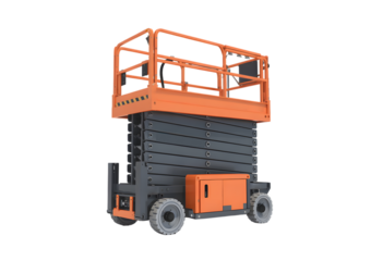 Orange and gray scissor lift on a white background.
