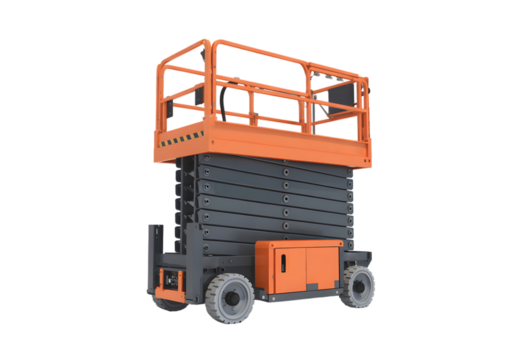 Orange and gray scissor lift on a white background.